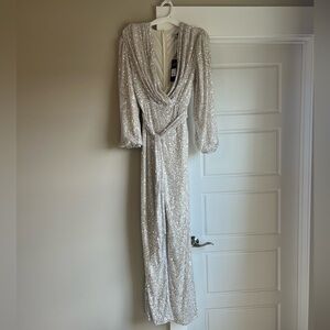 Fashion Nova Step My Way Wide Leg Sequin Jumpsuit White/Silver Size L NWT